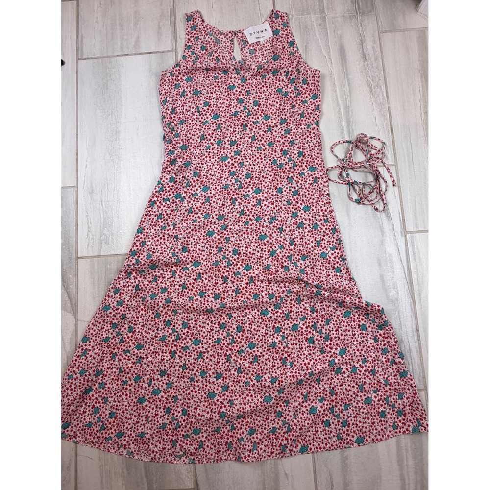 DYVNA Womens Red Teal Floral Sleeveless V-Neck Midi A-Line‎ Dress with Belt Sz M